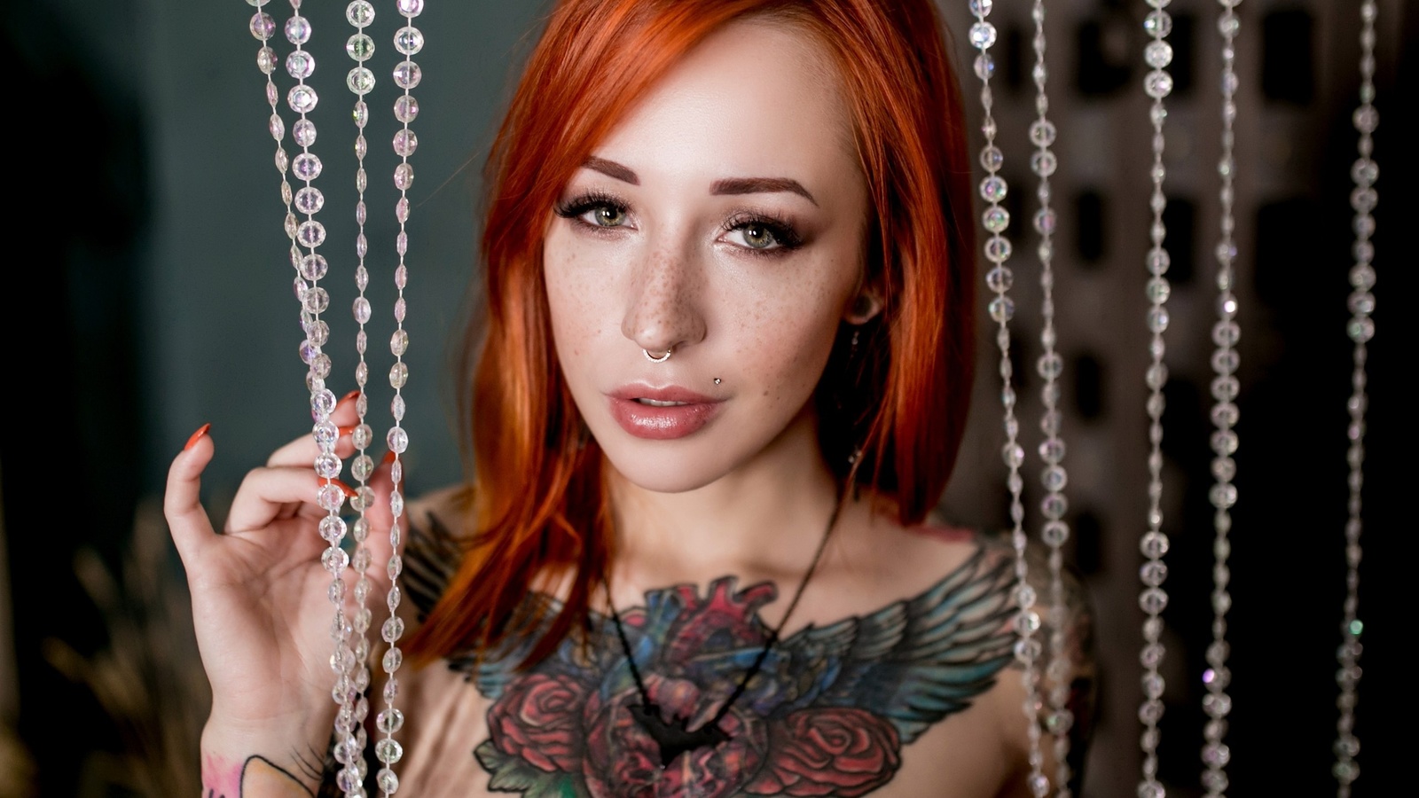 women, yana sinner, redhead, tattoo, portrait, smiling, depth of field, face, painted nails, piercing, nose rings