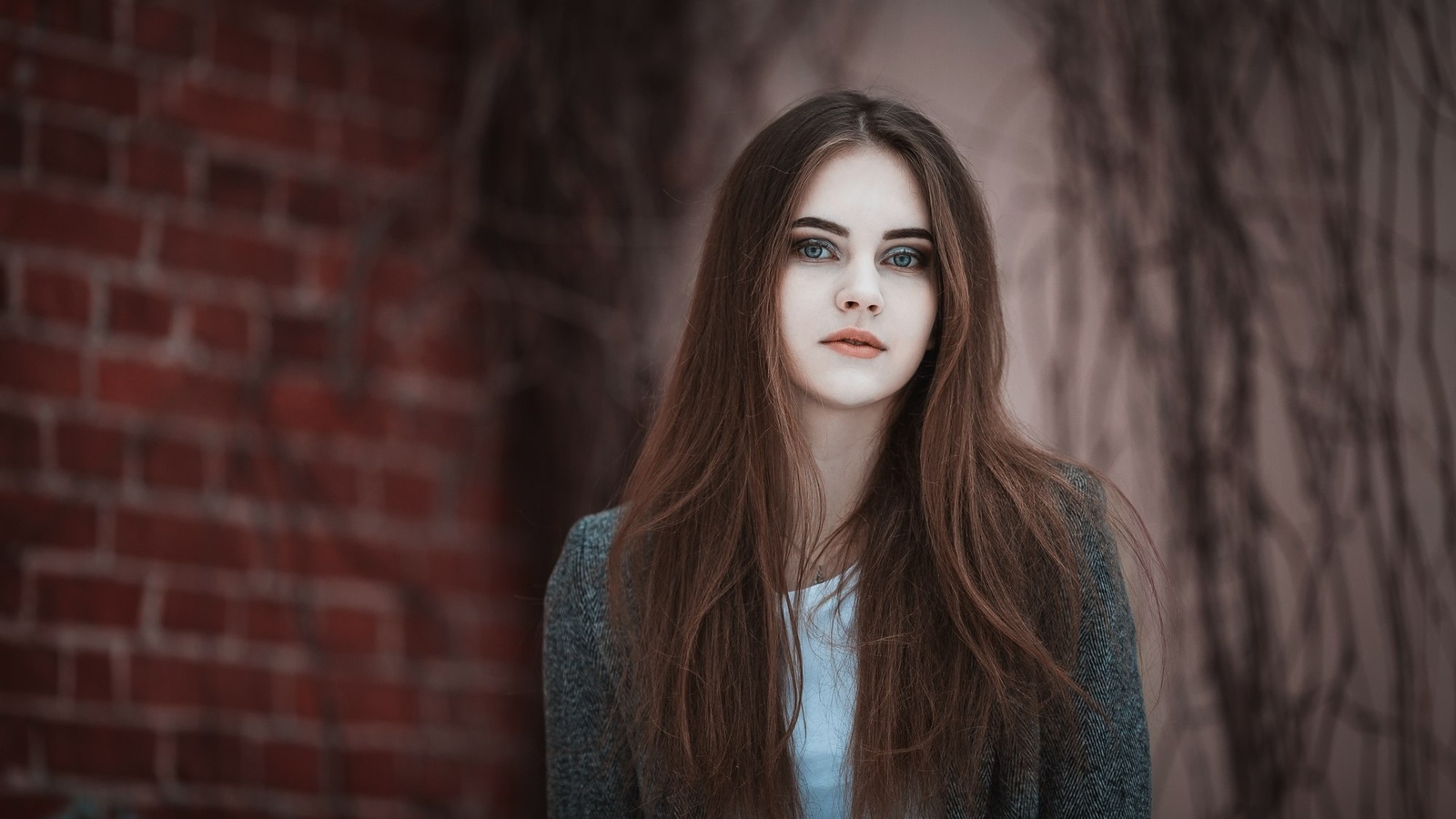 women, face, blue eyes, depth of field, bricks, portrait, 