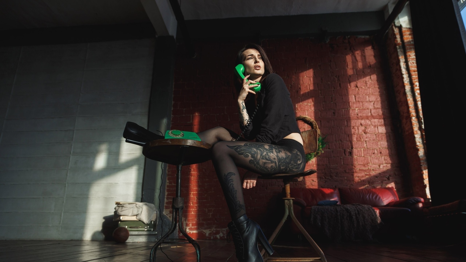 women, sitting, rear view, phone, pantyhose, high heels, wall, bricks, chair, tattoo, looking away, painted nails, 