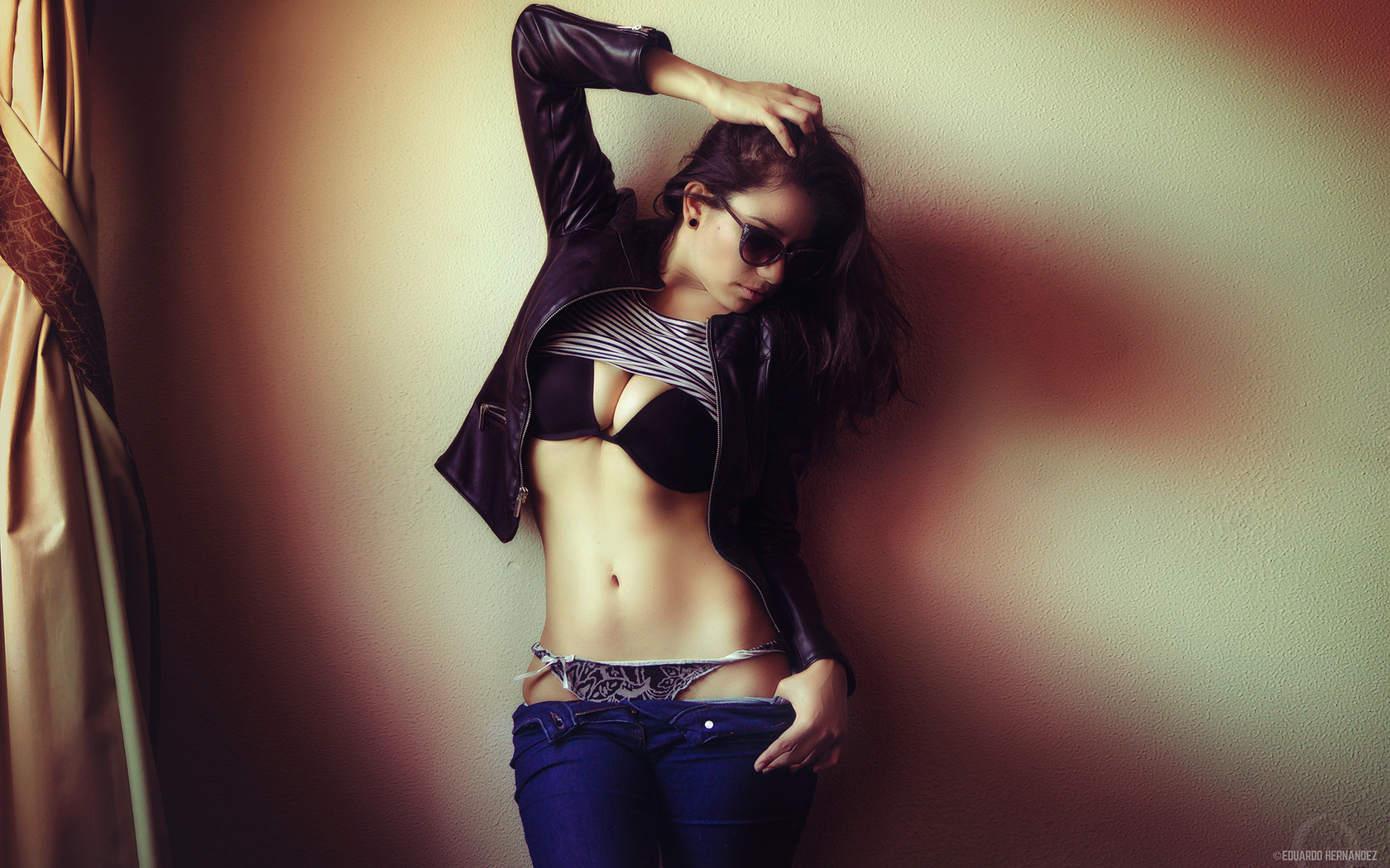 women, belly, black bras, panties, undressing, hips, sunglasses, leather jackets, jeans, portrait, wall