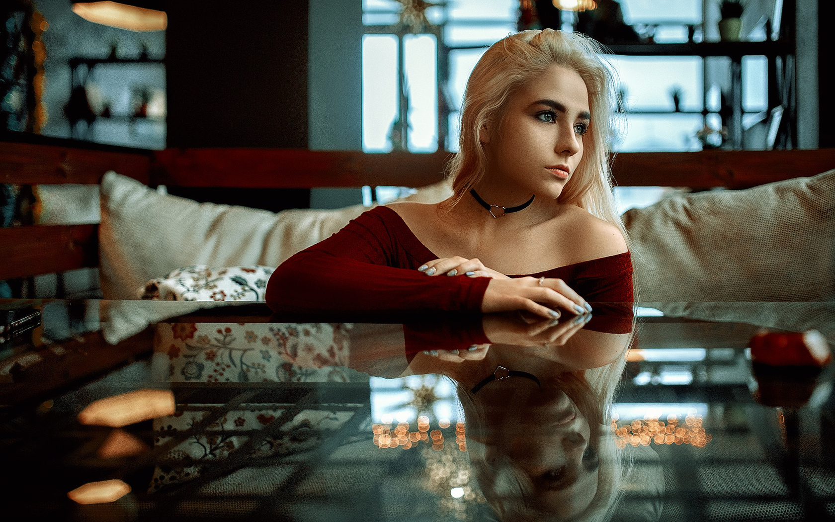 women, blonde, looking away, glass, reflection, portrait, depth of field, 