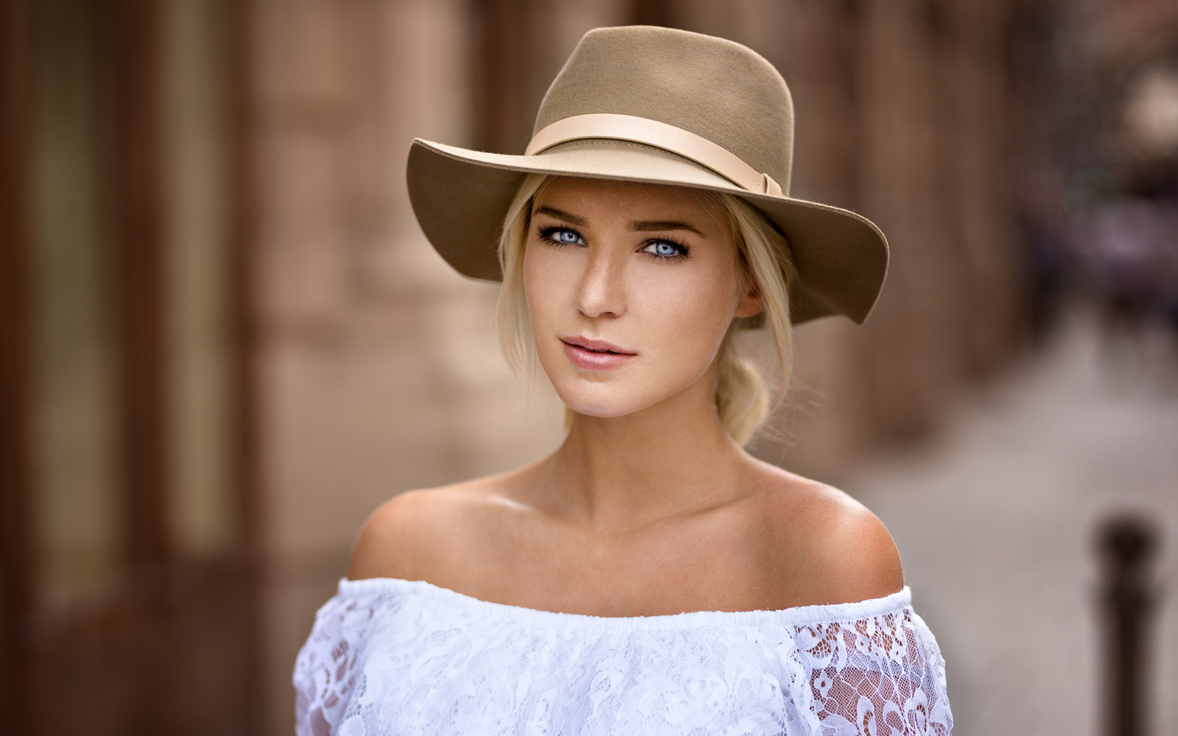 women, blonde, blue eyes, portrait, face, hat, depth of field, bare shoulders, , , , , ,  , , , 