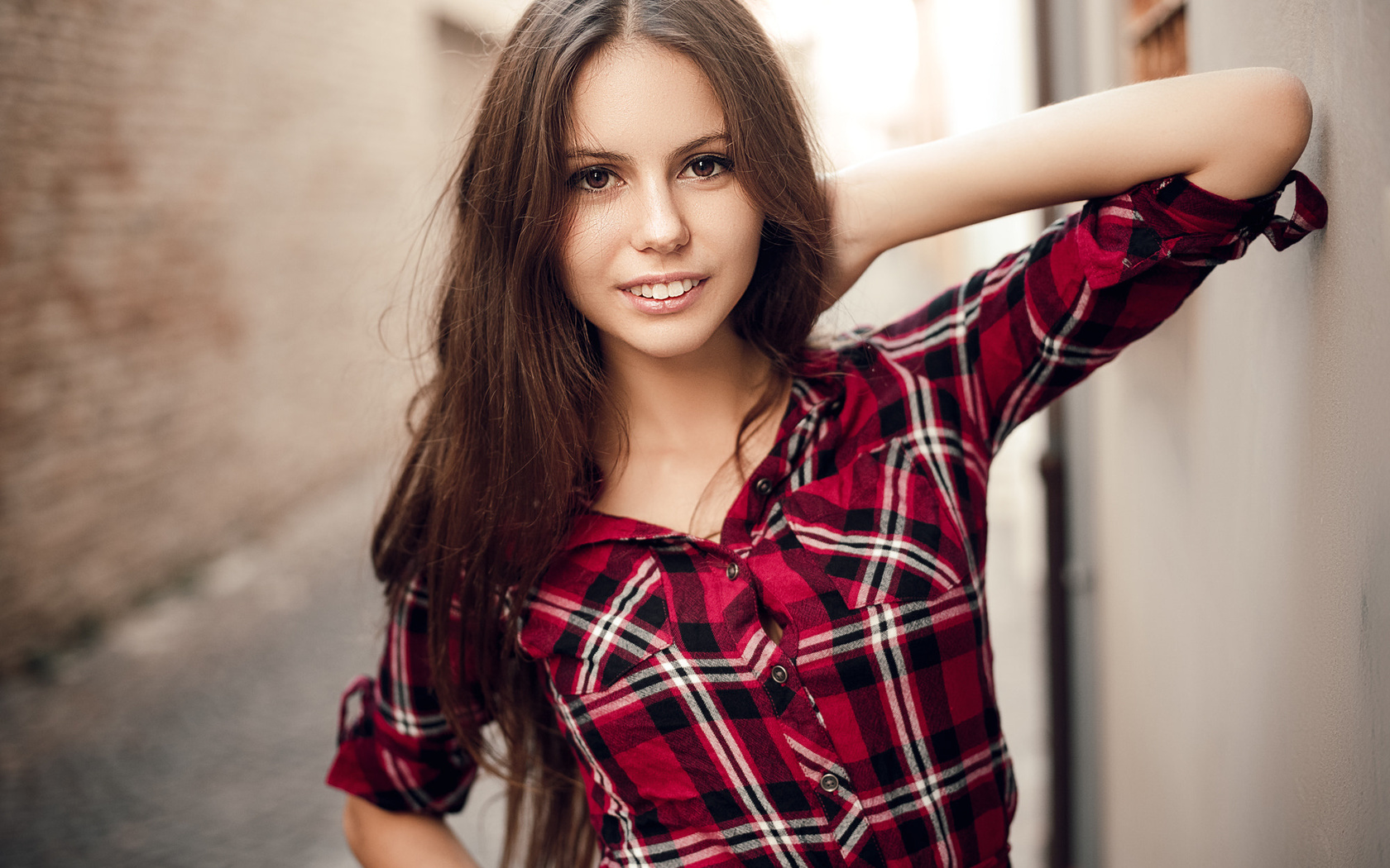 women, face, portrait, depth of field, smiling, shirt, long hair