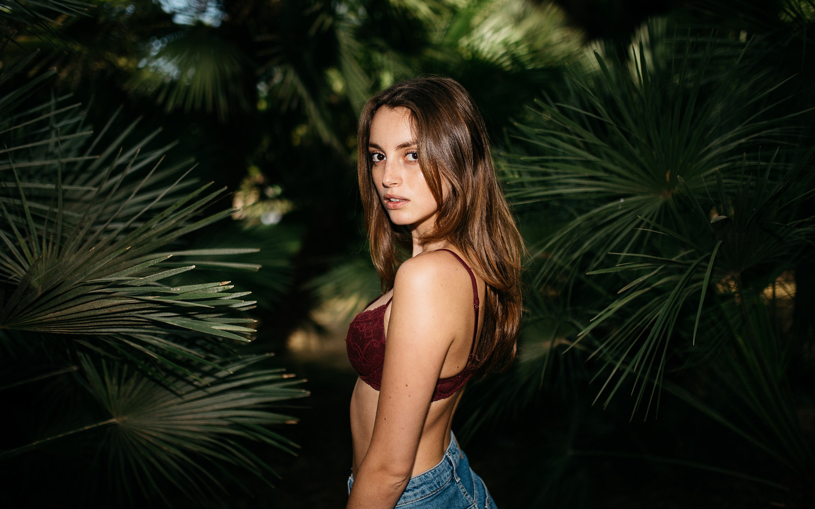 women, brunette, tanned, depth of field, denim