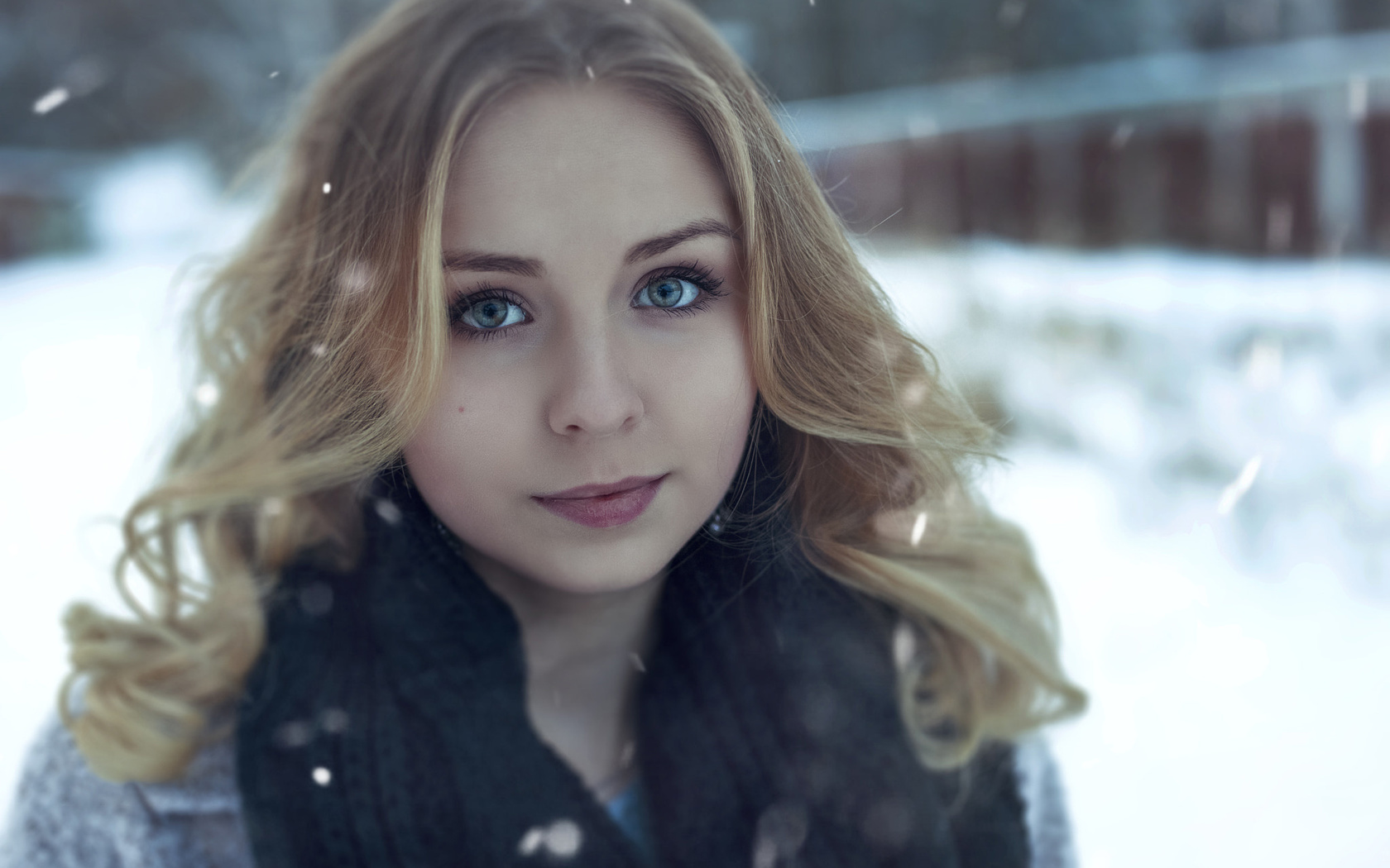 women, blonde, face, portrait, depth of field, women outdoors, snow, scarf