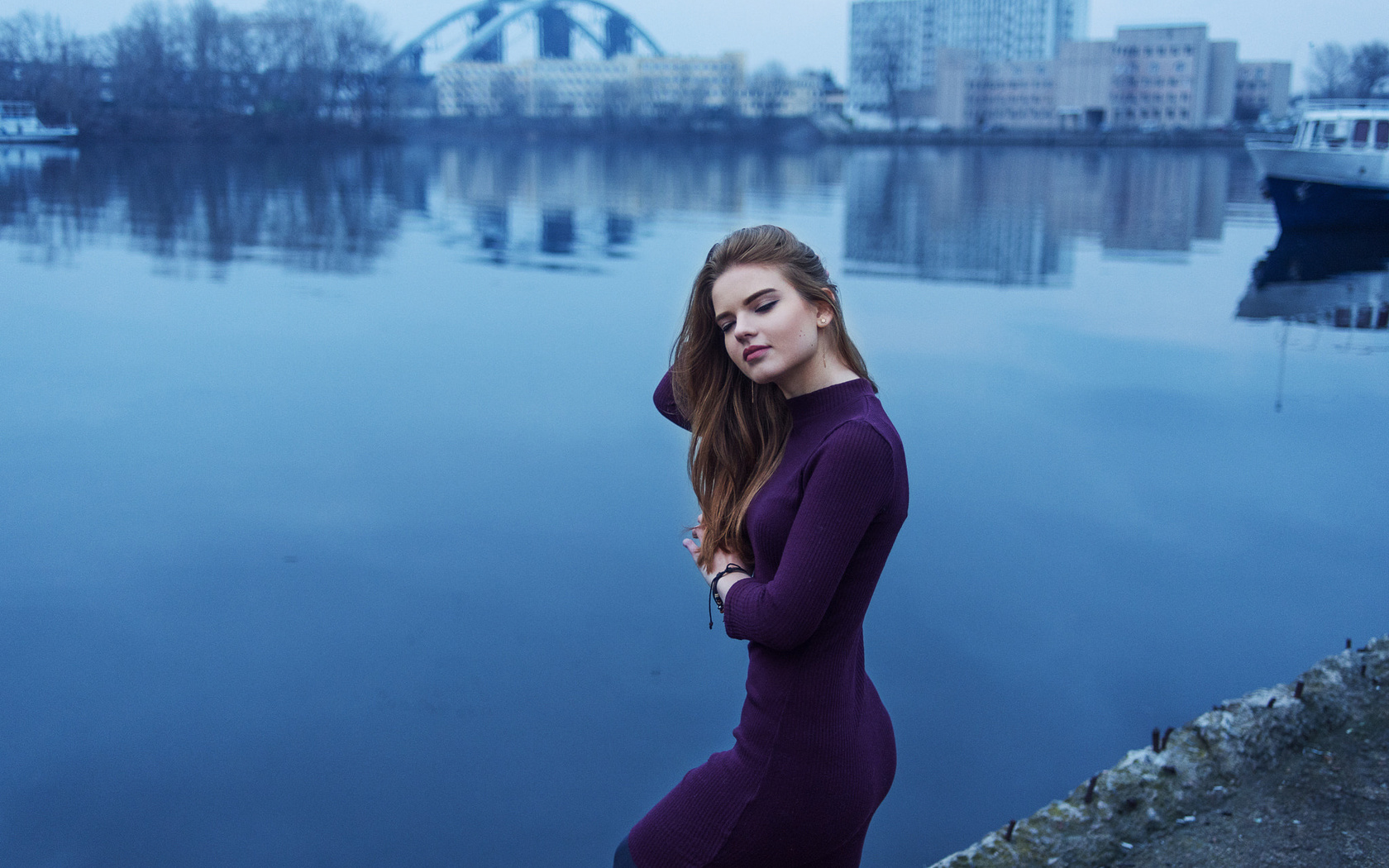 women, portrait, depth of field, closed eyes, water, boat, purple dresses, reflection