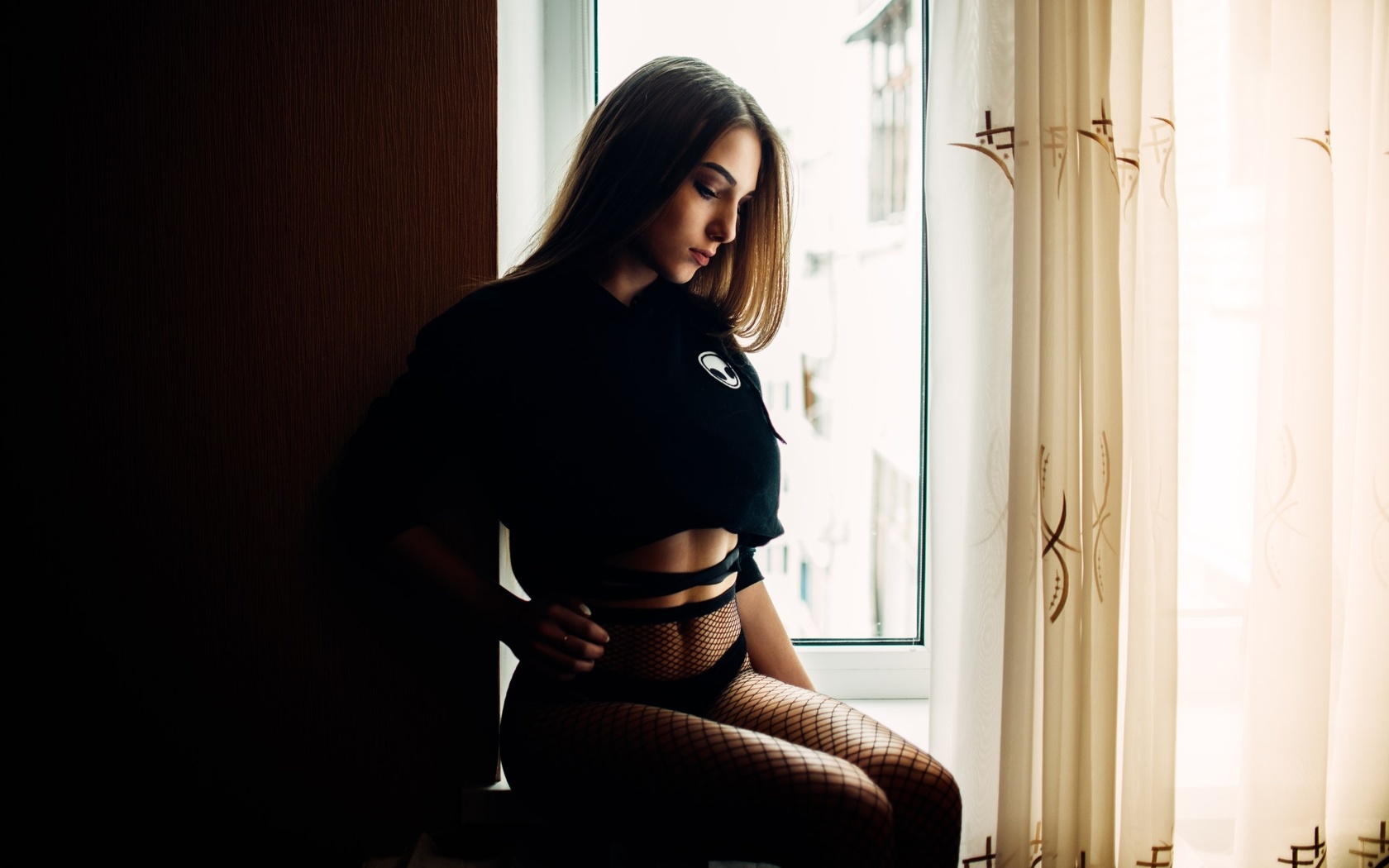 women, tanned, sitting, black panties, fishnet lingerie, belly, fishnet stockings, portrait, t-shirt