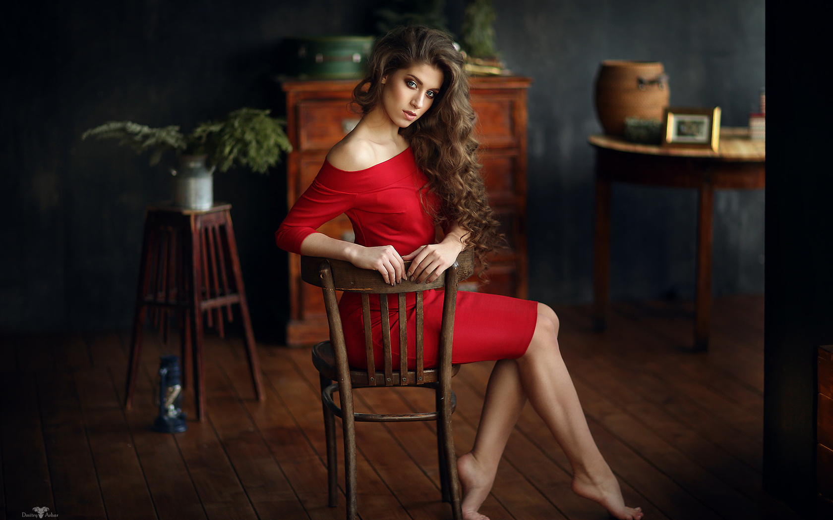 women, chair, portrait, red dress, sitting