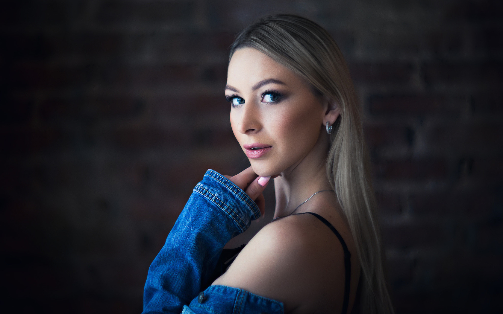 women, blonde, face, portrait, long hair, depth of field, bricks, brunette, denim