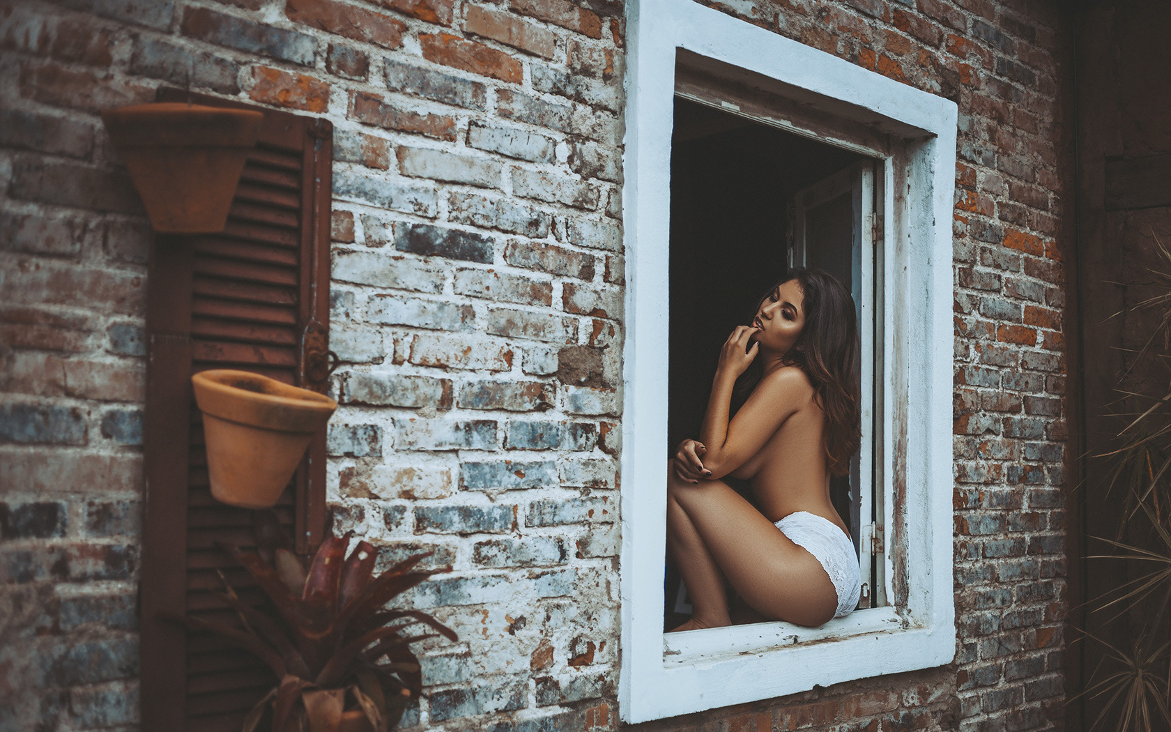 women, tanned, sitting, window, bricks, white panties, ass, finger on lips, black nails, closed eyes, boobs, topless