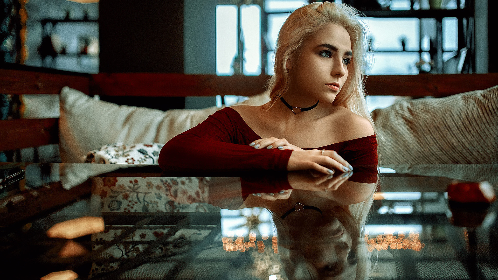 women, blonde, looking away, glass, reflection, portrait, depth of field, 