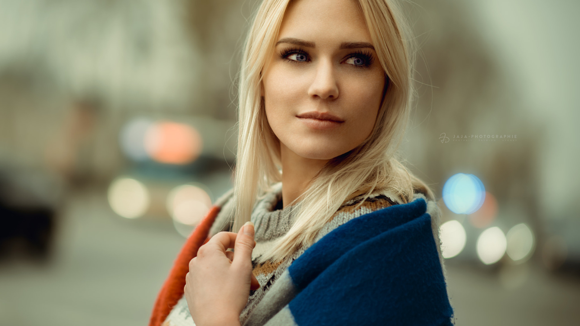 women, blonde, face, portrait, depth of field, looking away, blue eyes