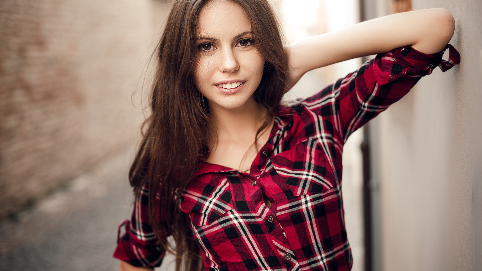 women, face, portrait, depth of field, smiling, shirt, long hair