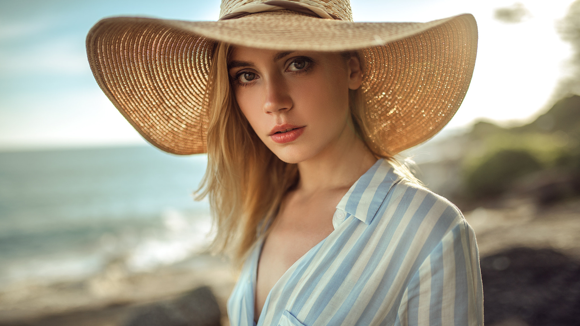 ksenia kokoreva, women, blonde, hat, portrait, shirt, depth of field, women outdoors, sea, , 