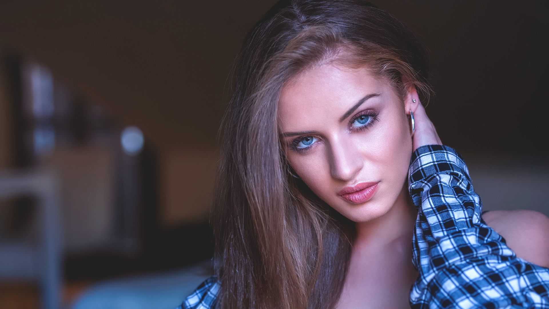 women, face, blue eyes, portrait, depth of field, shirt