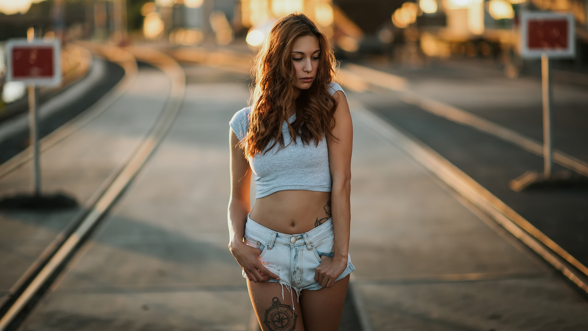 victoria ryzhevolosaya, women, tanned, tattoo, belly, jean shorts, depth of field, women outdoors, nose rings, , 