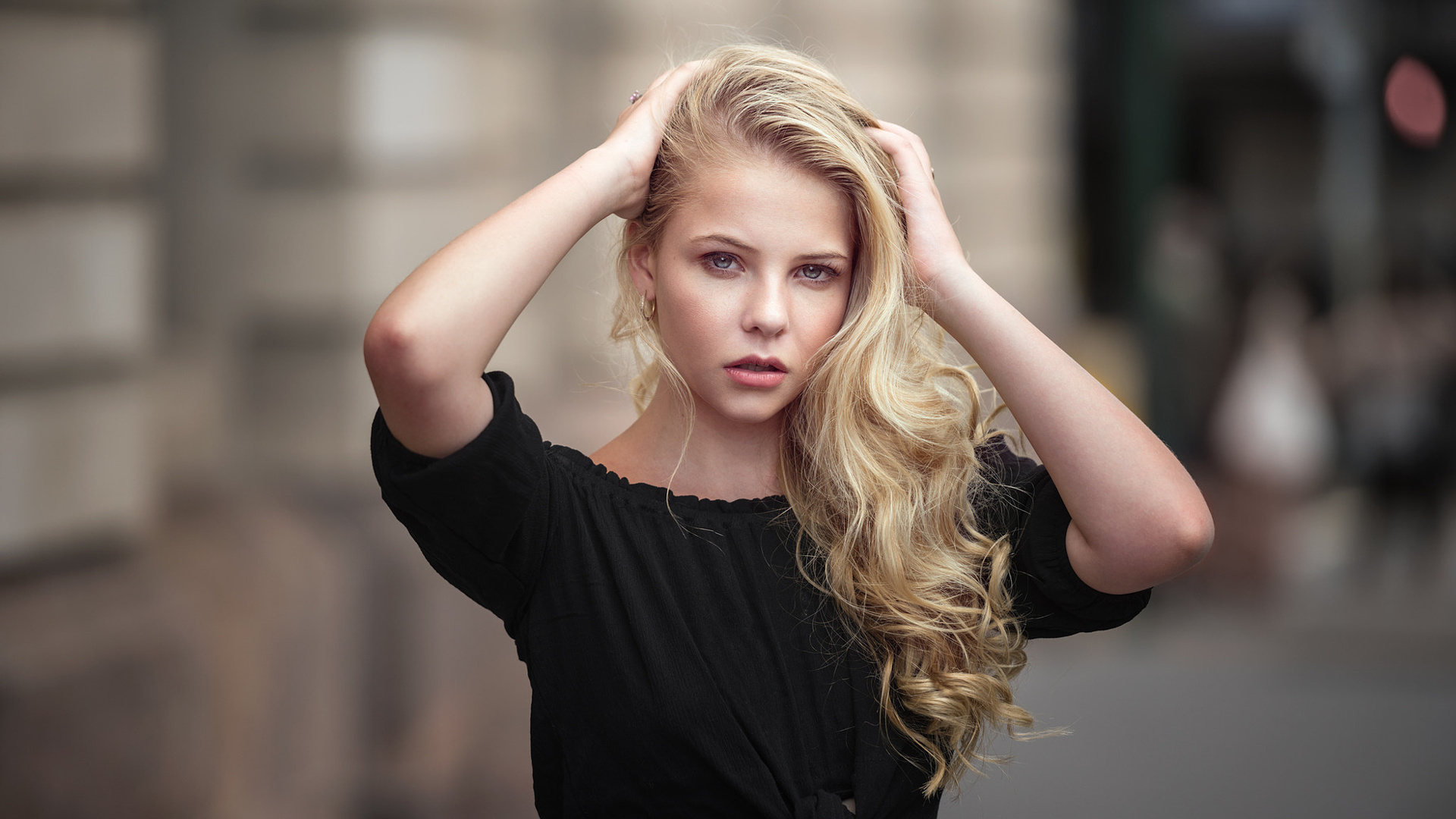 women, face, portrait, depth of field, hands on head, women outdoors