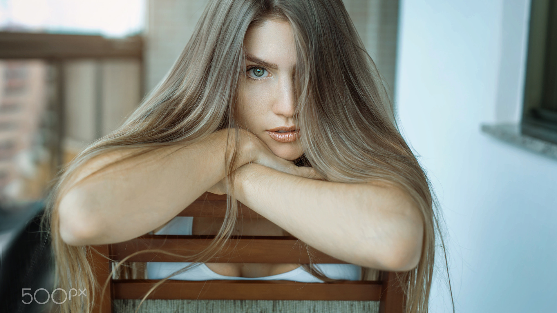 women, face, blonde, chair, portrait, long hair, depth of field, hair in face