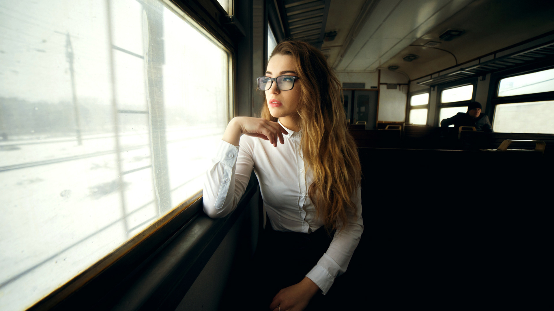 women, white shirt, blonde, portrait, sitting, looking away, train, women with glasses, long hair