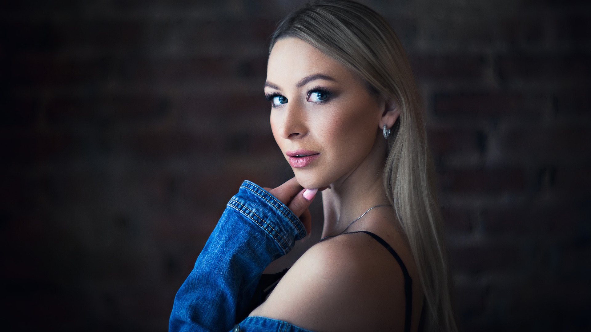 women, blonde, face, portrait, long hair, depth of field, bricks, brunette, denim