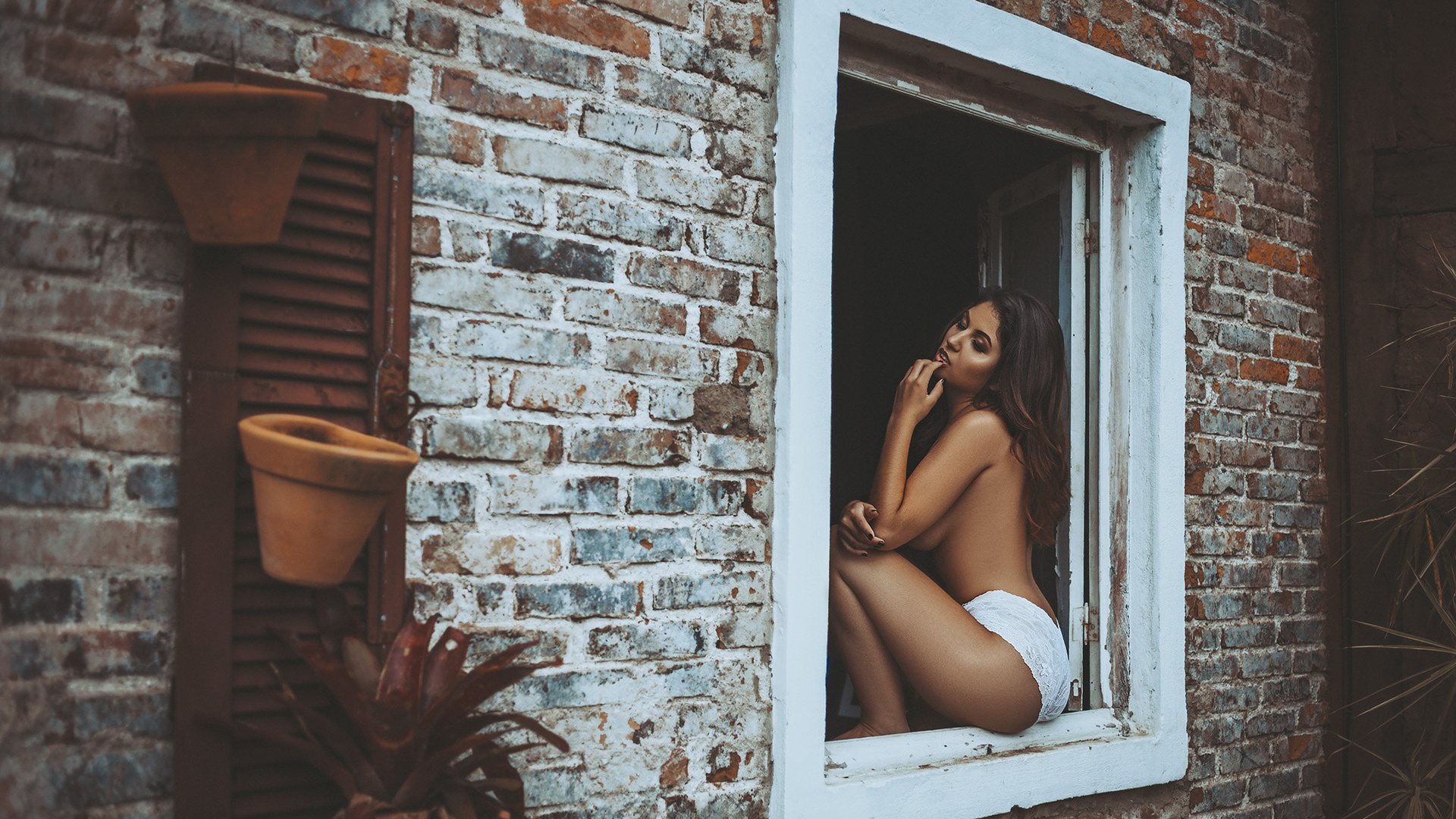 women, tanned, sitting, window, bricks, white panties, ass, finger on lips, black nails, closed eyes, boobs, topless