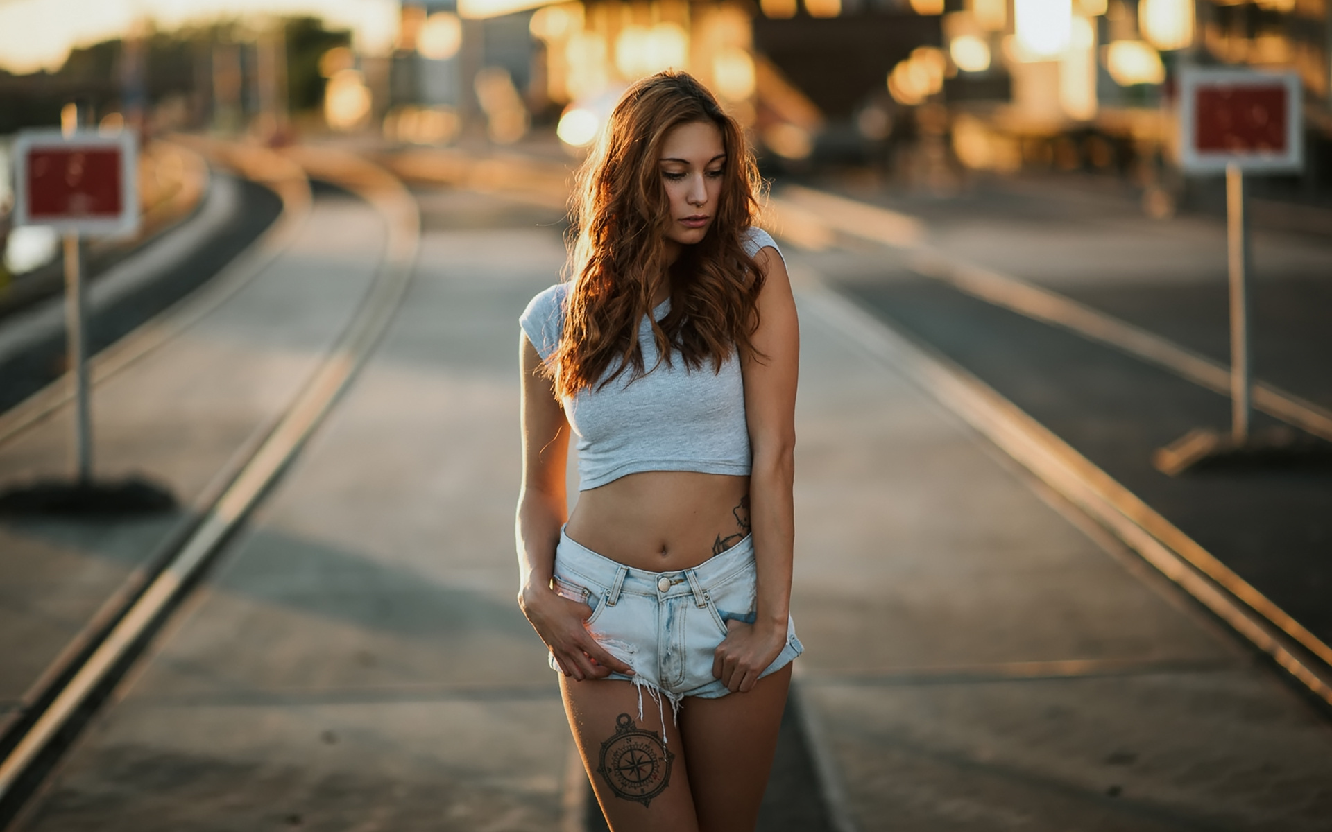 victoria ryzhevolosaya, women, tanned, tattoo, belly, jean shorts, depth of field, women outdoors, nose rings, , 