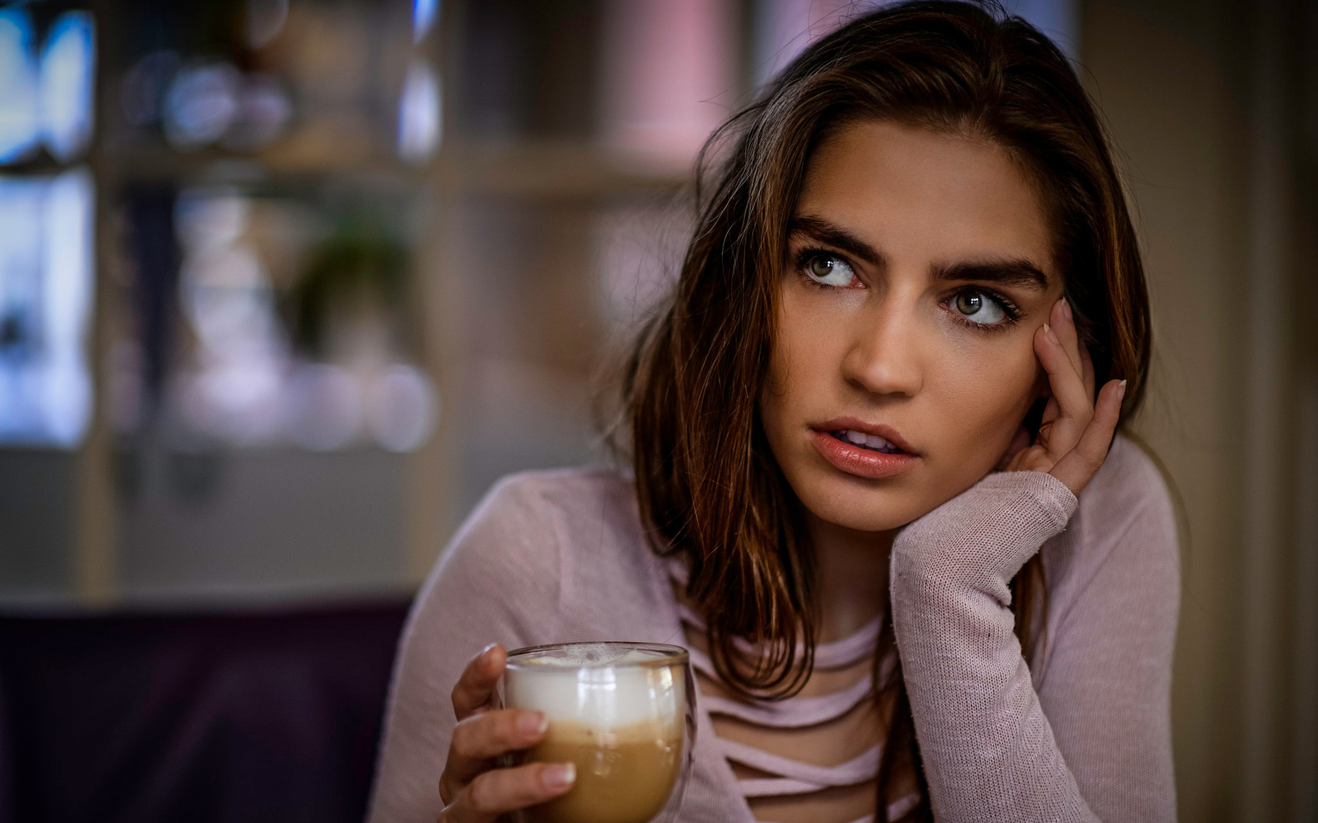 women, face, portrait, depth of field, brunette, cup, looking away, lily gilbert