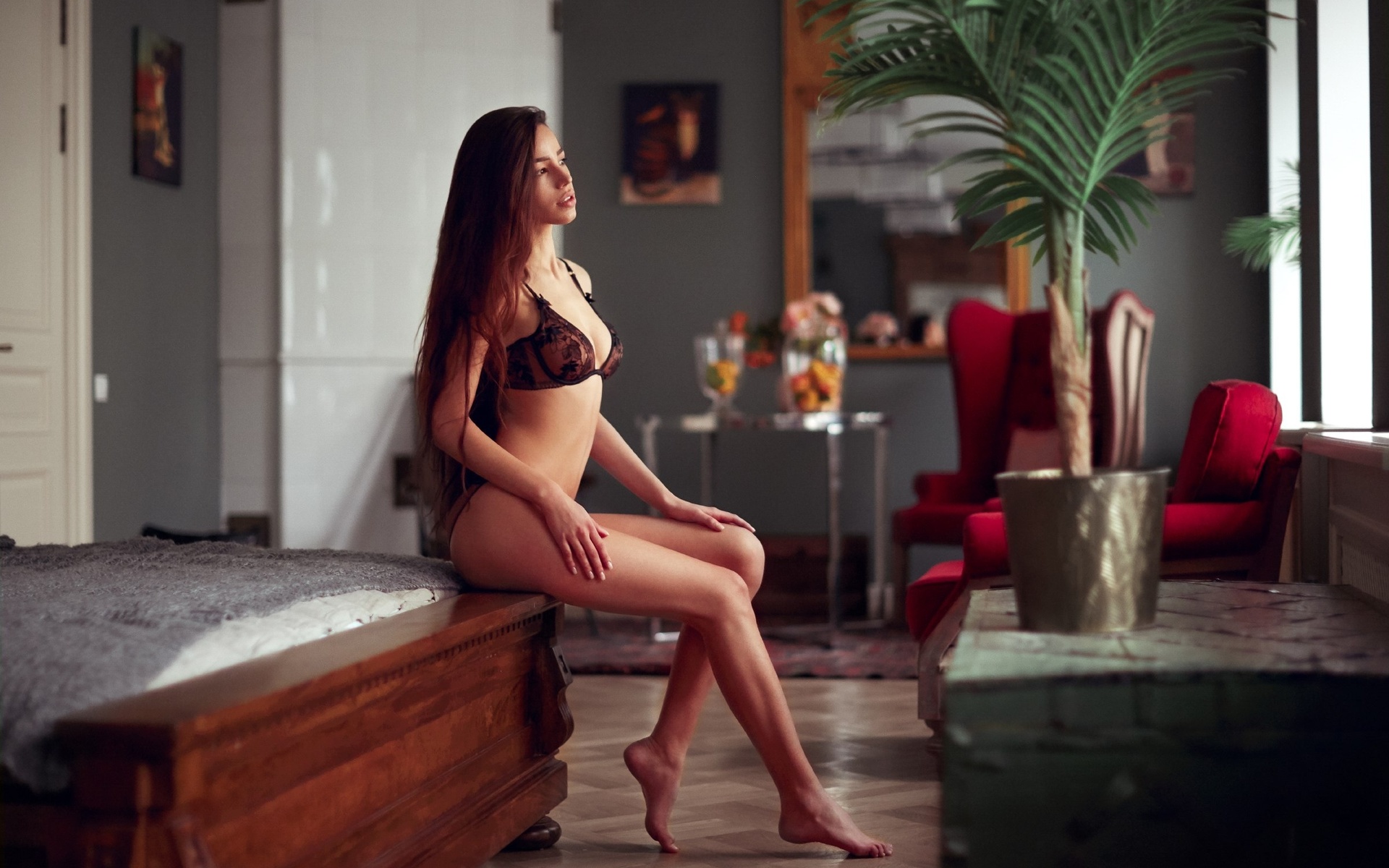 women, sitting, black lingerie, bed, plants, ass, belly, tanned, long hair, looking away