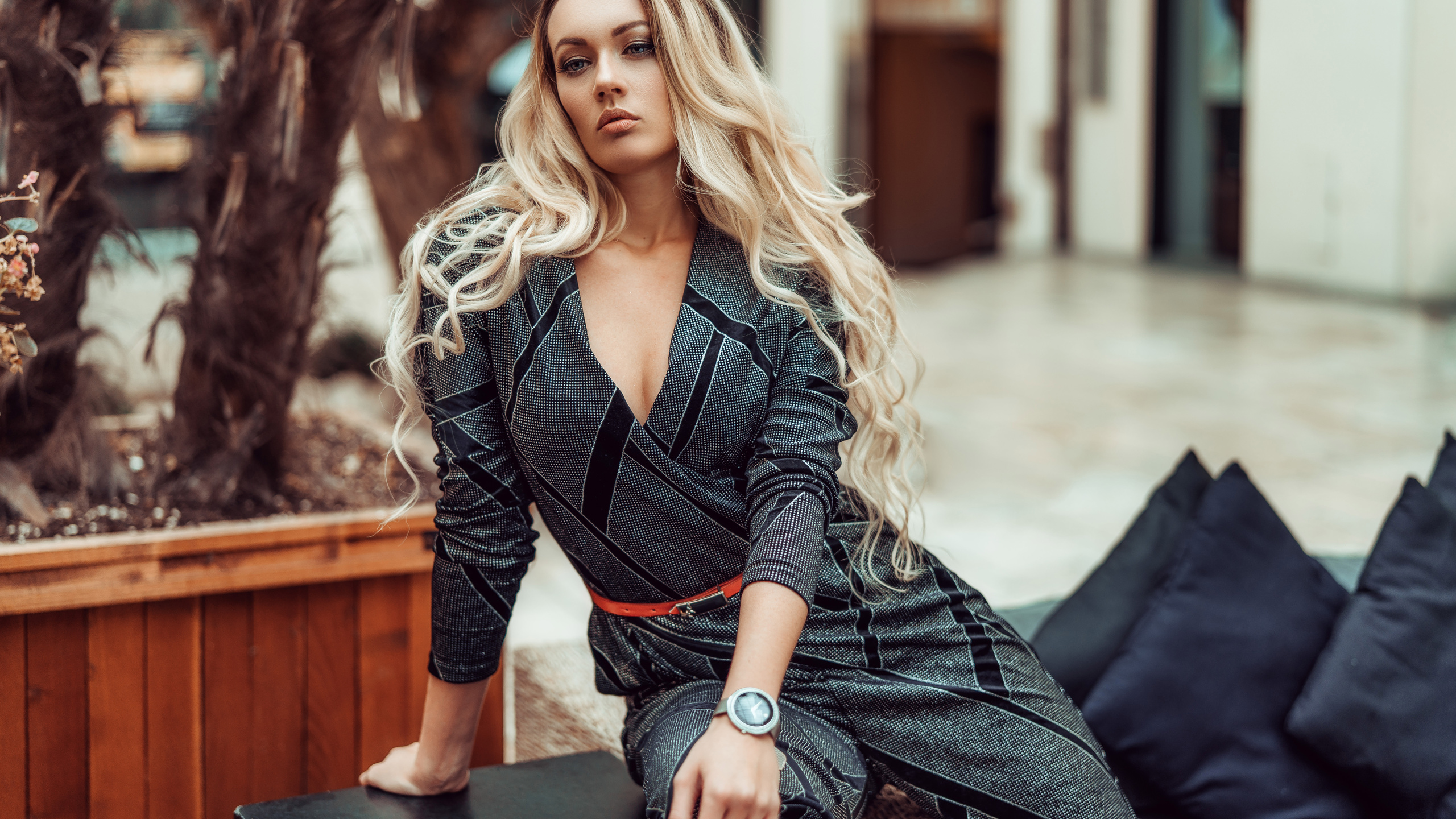 women, blonde, portrait, depth of field, andreas-joachim lins, long hair, sitting, 