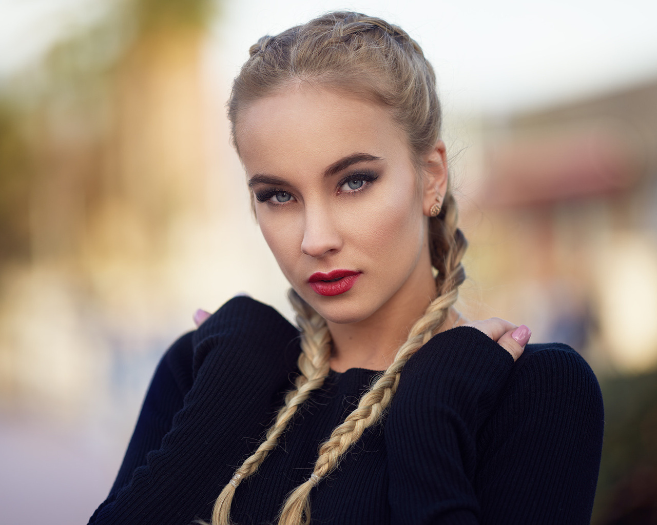 women, blonde, pink nails, pigtails, depth of field, red lipstick, portrait