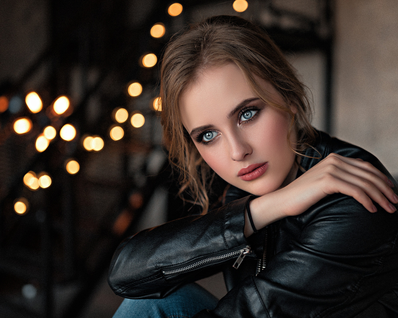 women, portrait, leather jackets, bokeh, blue eyes, , , , , ,  