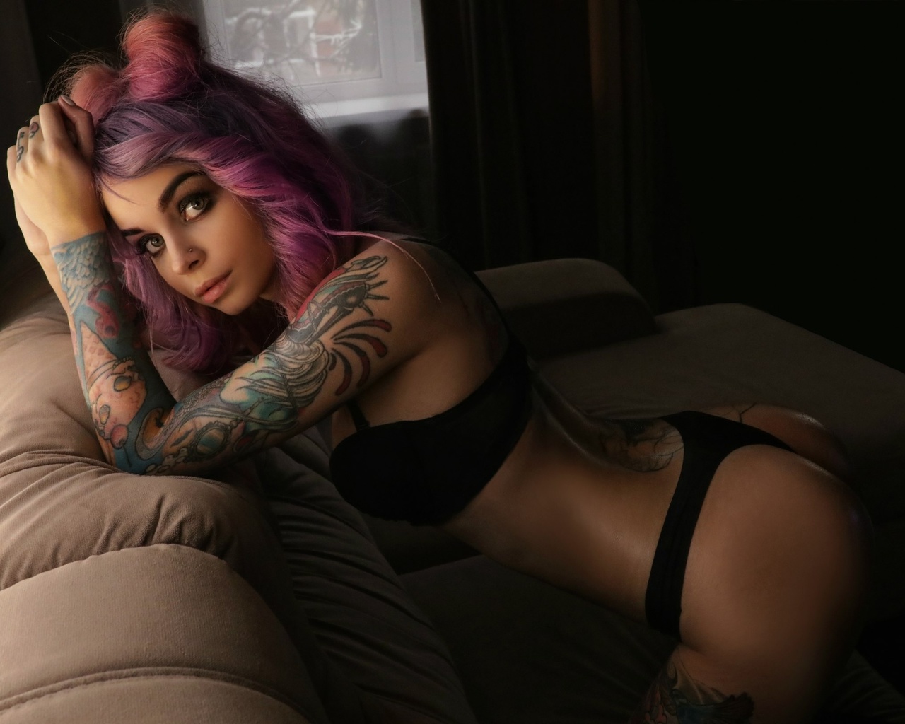 women, dyed hair, kneeling, ass, pierced nose, black lingerie, couch, tattoo, portrait, pink hair, arched back, kary popova