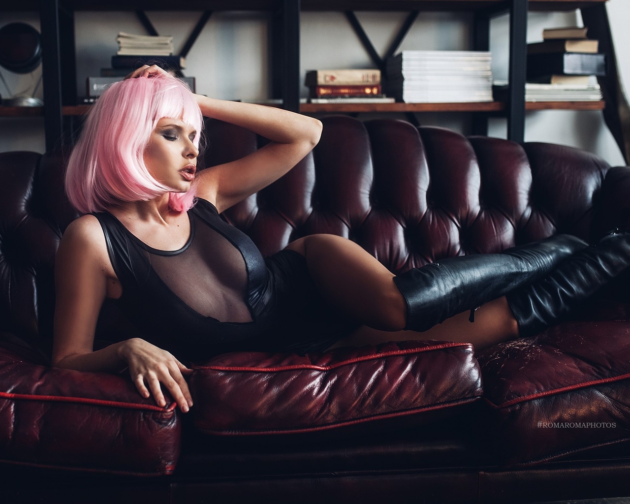 women, wigs, pink hair, monokinis, tanned, knee-high boots, couch, closed eyes, books