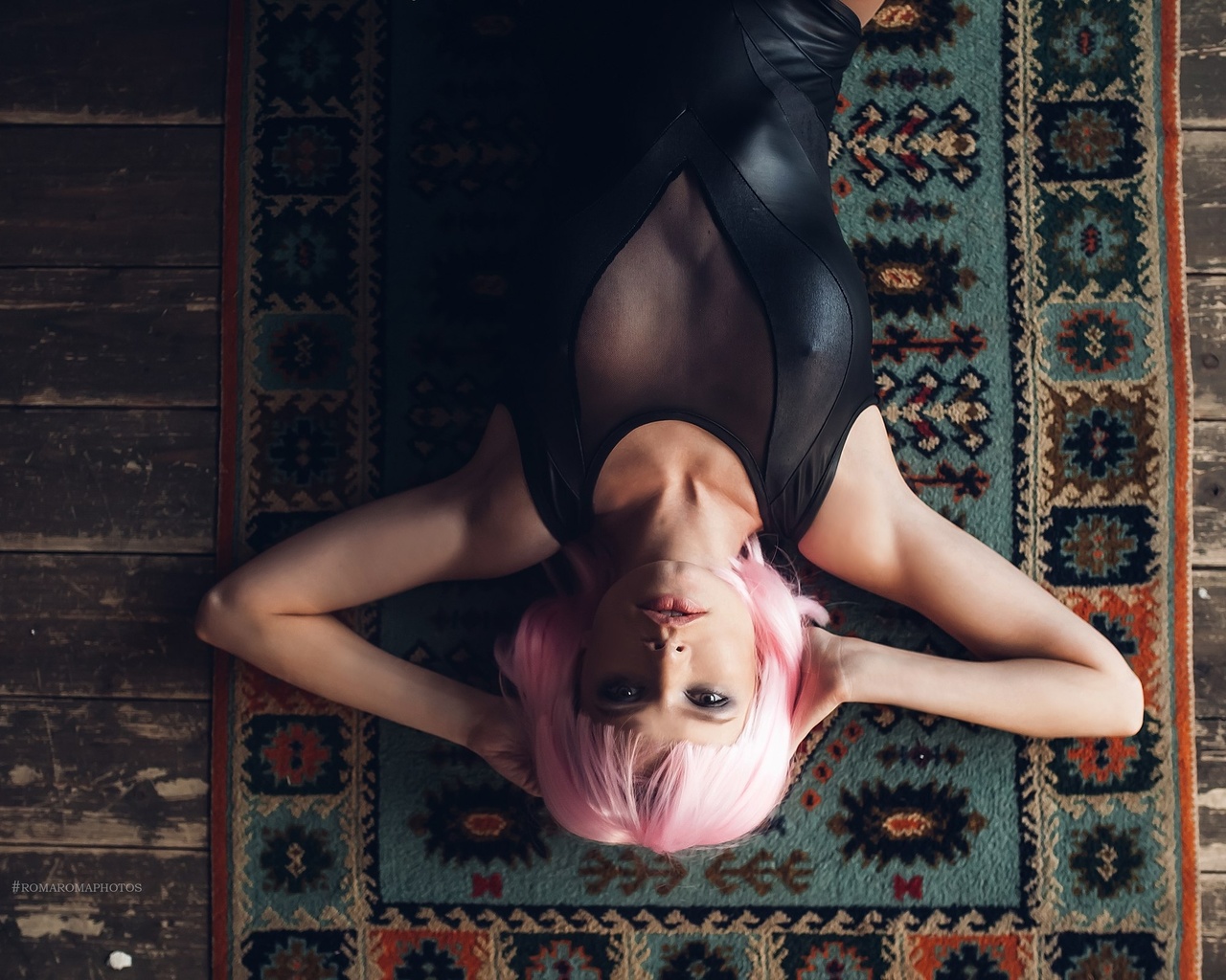 women, wigs, pink hair, monokinis, tanned, top view, on the floor, wooden surface, lying on back, nipple through clothing