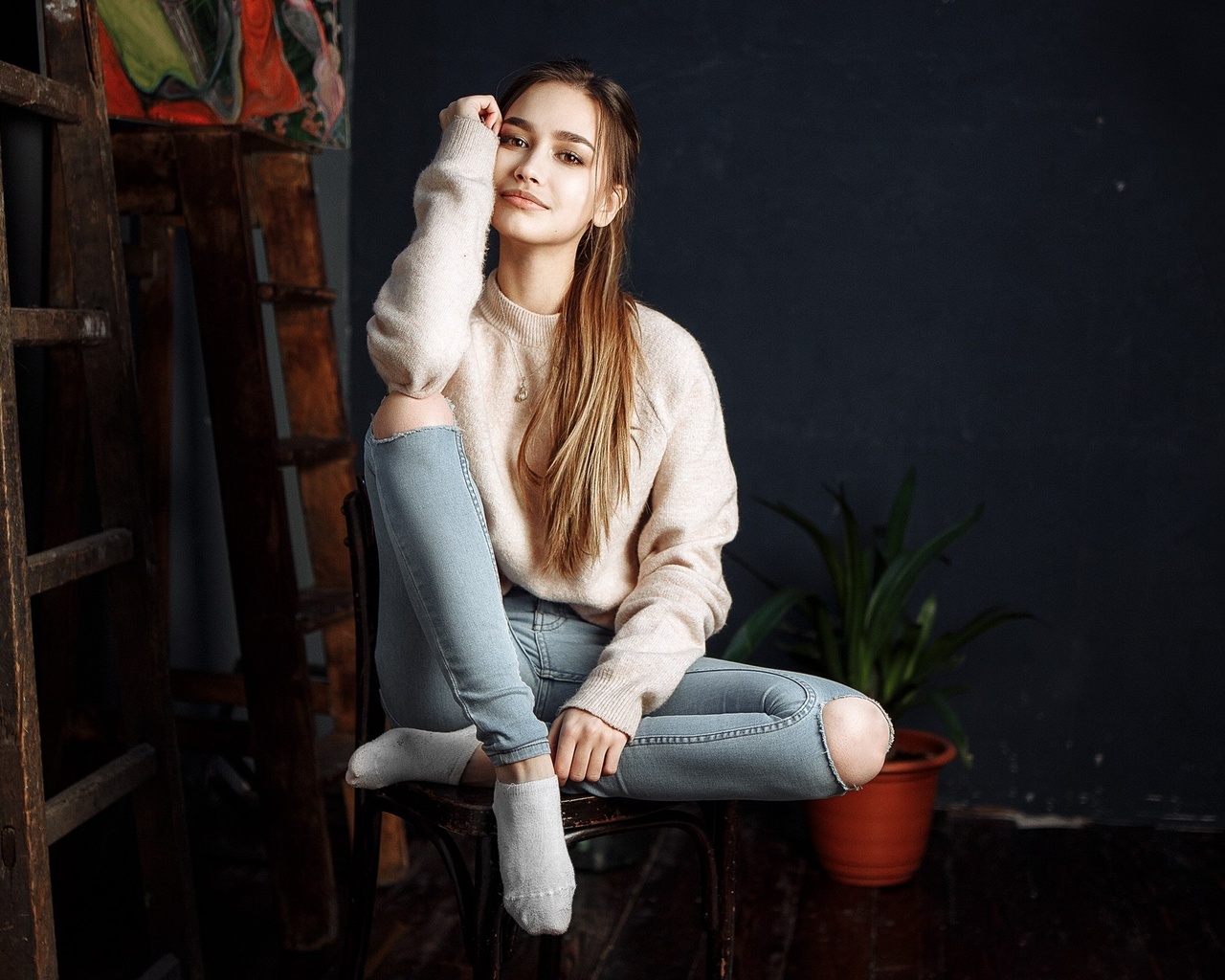 women, anastasia lis, jeans, necklace, smiling, socks, torn jeans, ladders, long hair, portrait