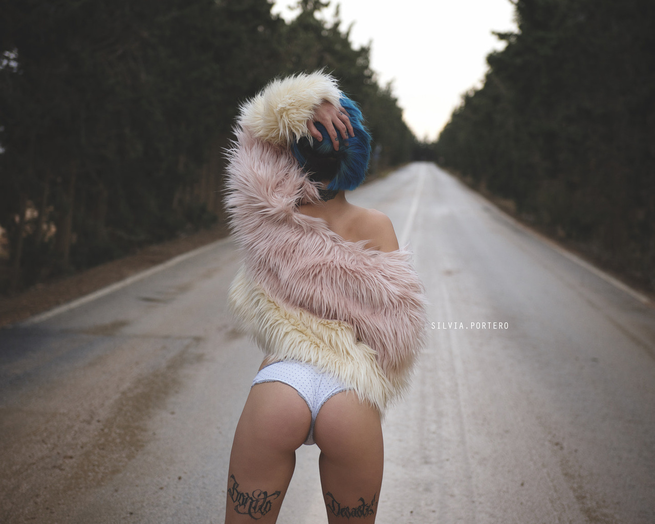 women, fur, road, tattoo, back, white panties, depth of field, women outdoors, brunette, blue hair, dyed hair, ass