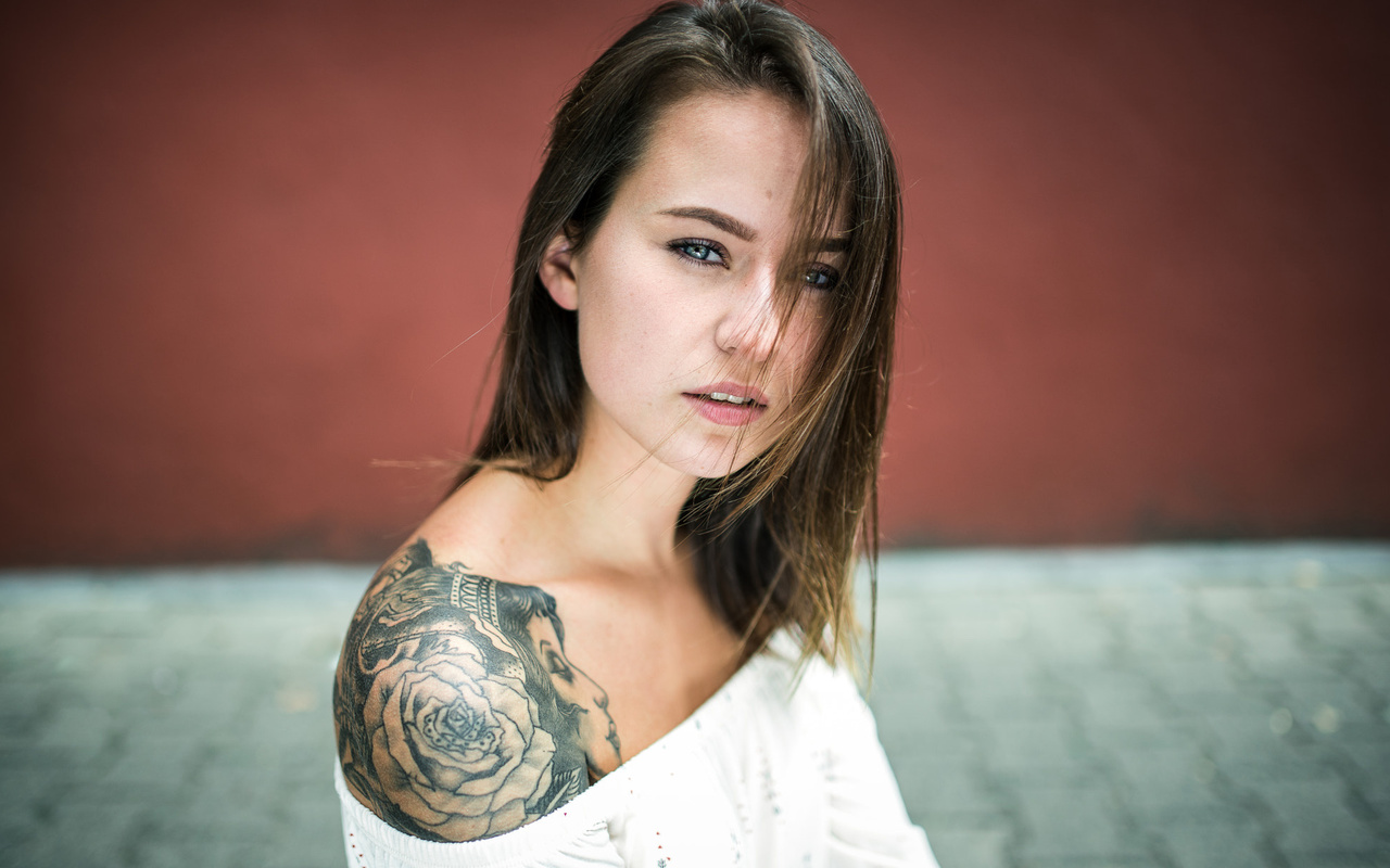 women, face, portrait, tattoo, blue eyes