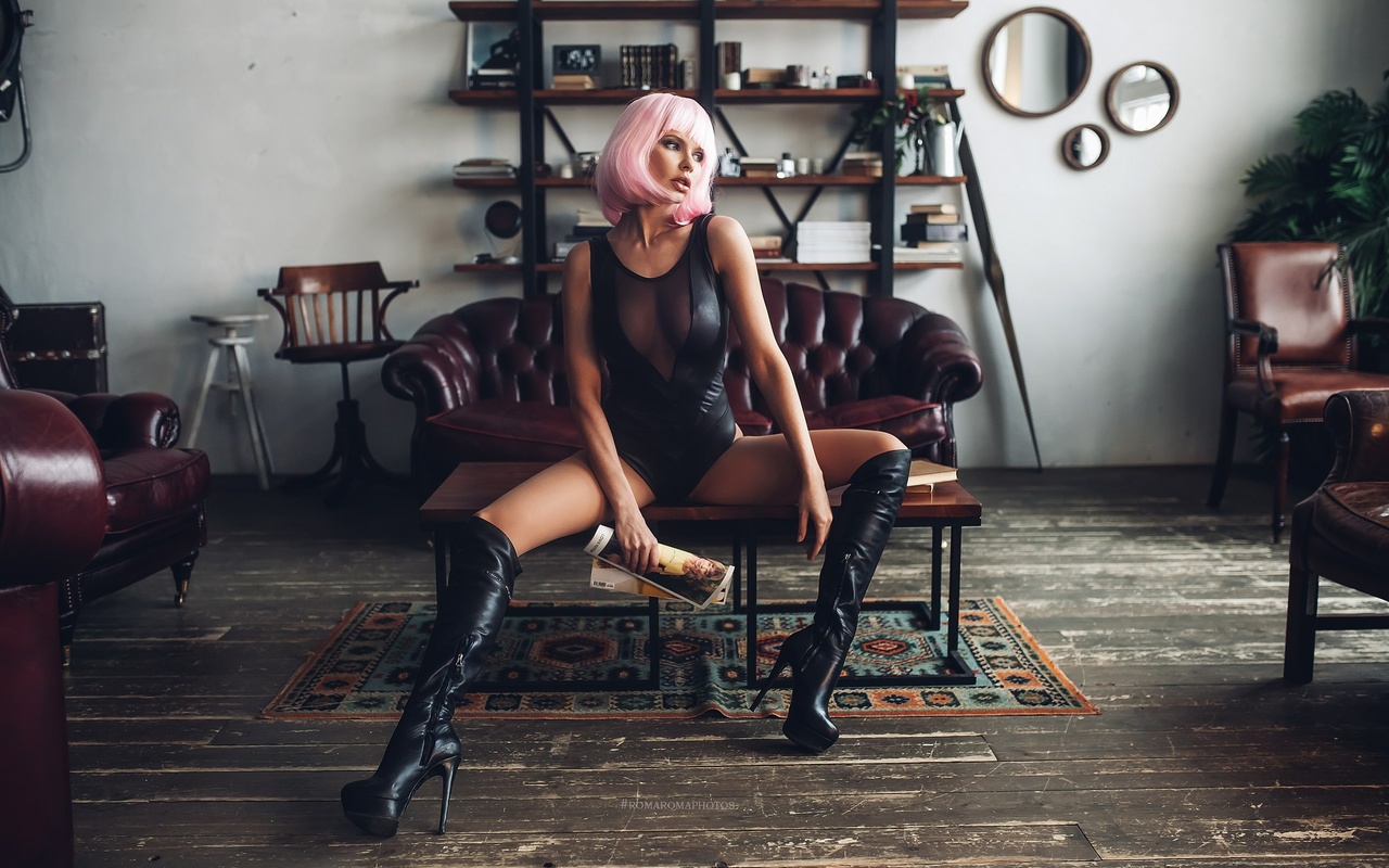 women, wigs, pink hair, monokinis, tanned, knee-high boots, couch, sitting, looking away