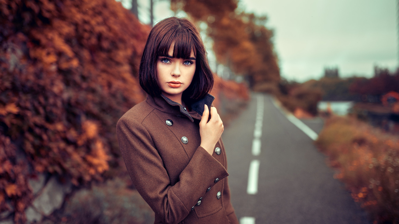 women, marie grippon, road, blue eyes, portrait, depth of field, women outdoors