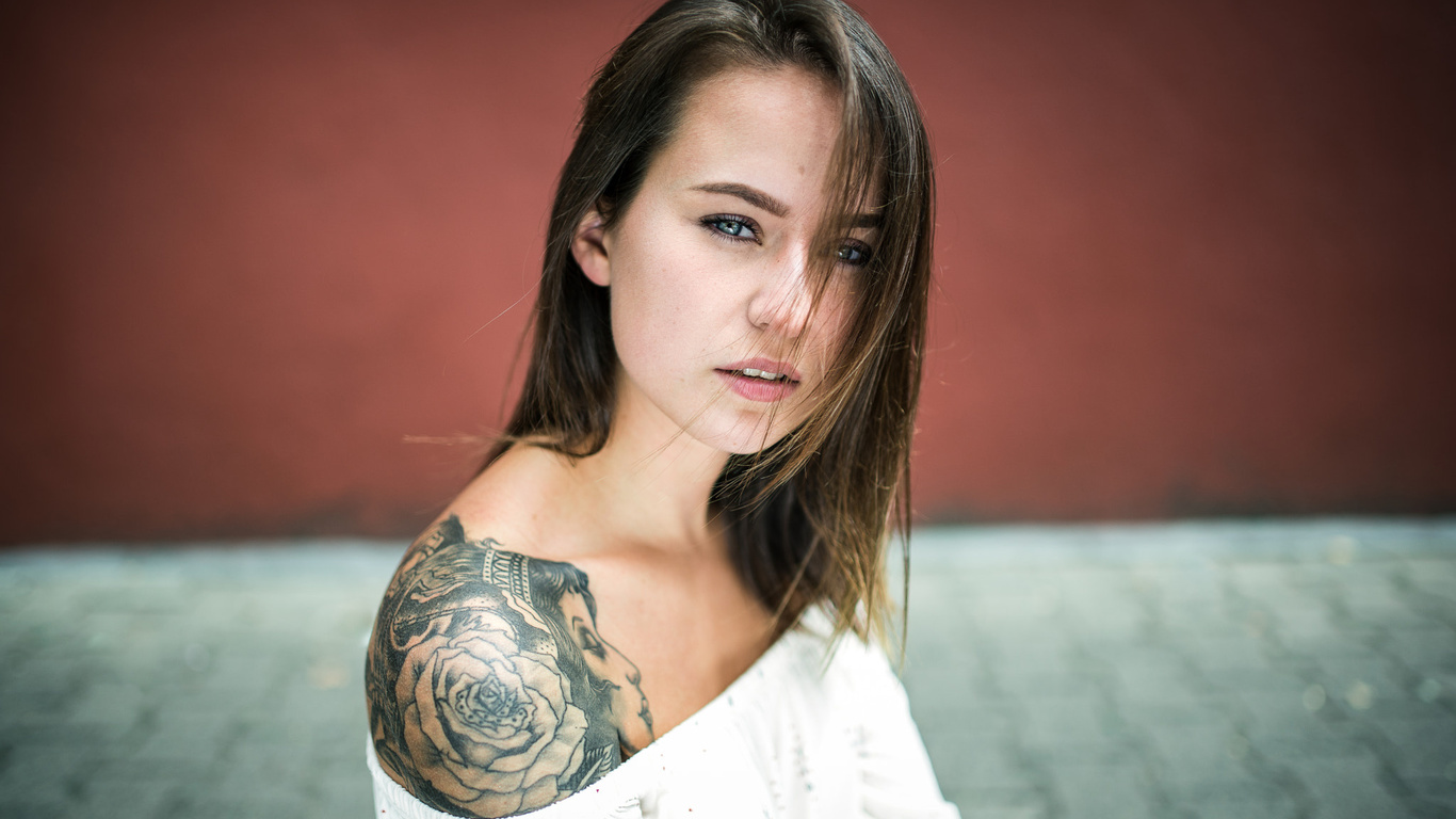 women, face, portrait, tattoo, blue eyes