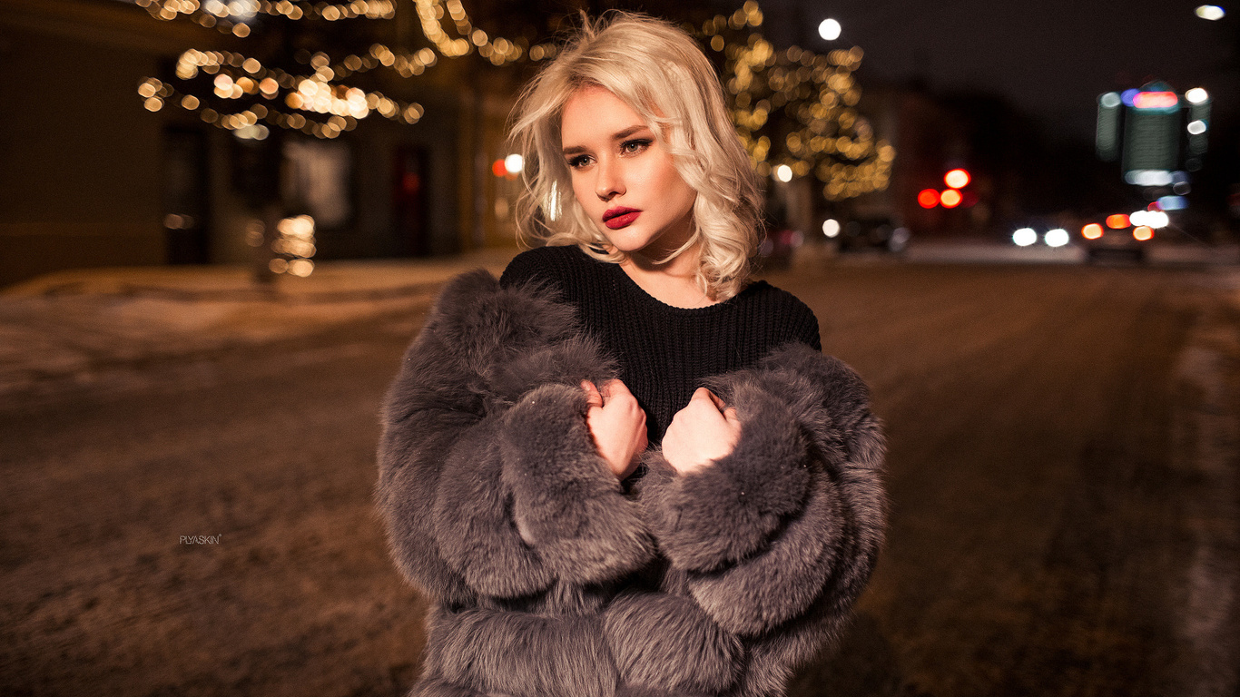 women, blonde, fur, bokeh, portrait, street, looking away, women outdoors, red lipstick, 