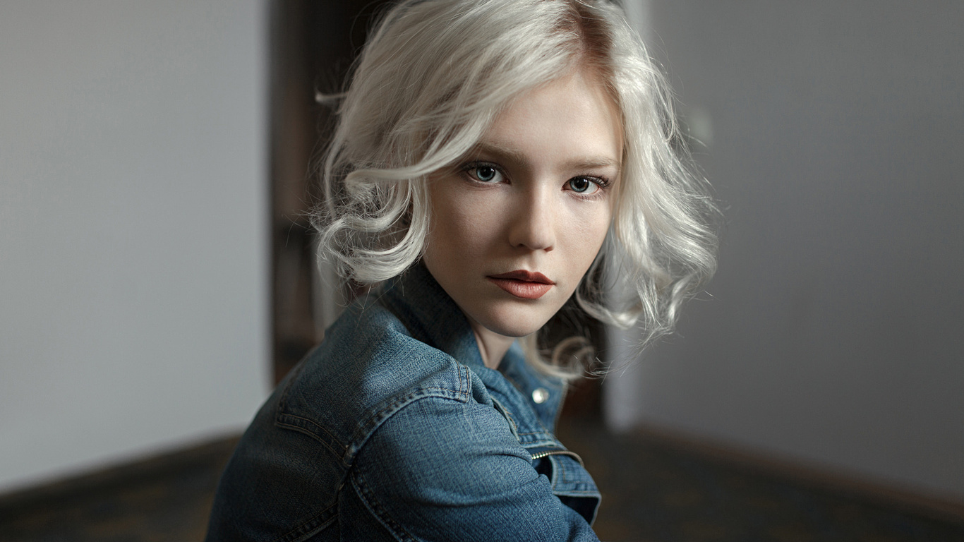 women, blonde, face, portrait, denim, depth of field, blue eyes