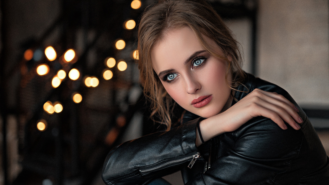 women, portrait, leather jackets, bokeh, blue eyes, , , , , ,  