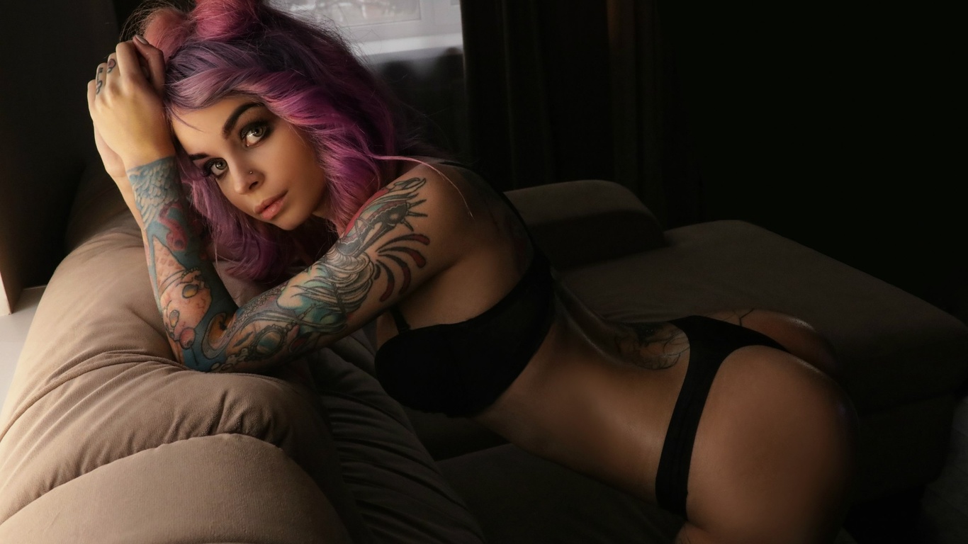 women, dyed hair, kneeling, ass, pierced nose, black lingerie, couch, tattoo, portrait, pink hair, arched back, kary popova