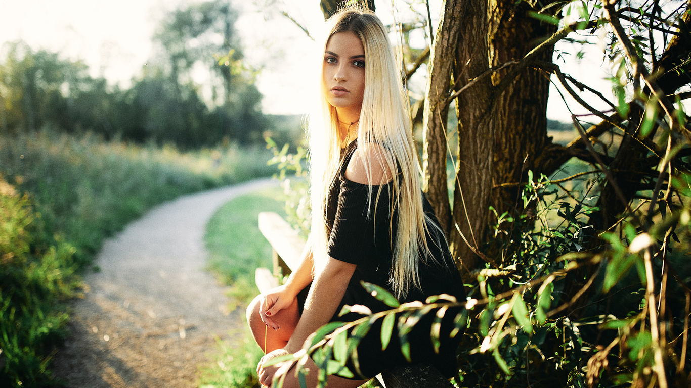 women, blonde, trees, depth of field, red nails, black dress, women outdoors, long hair