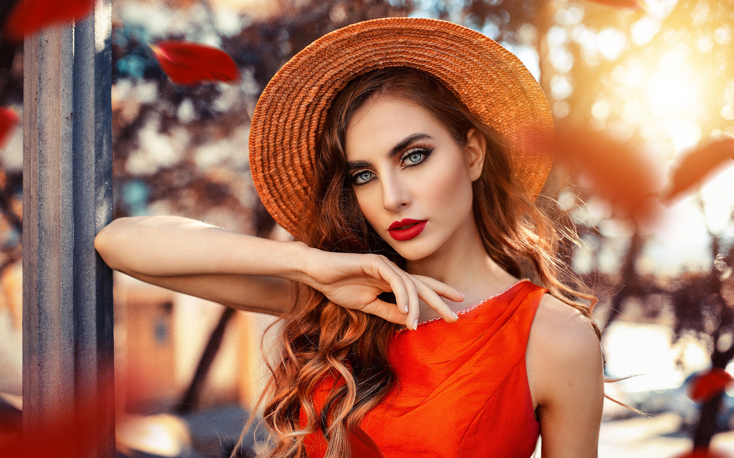 women, alessandro di cicco, red lipstick, portrait, hat, depth of field, gray eyes