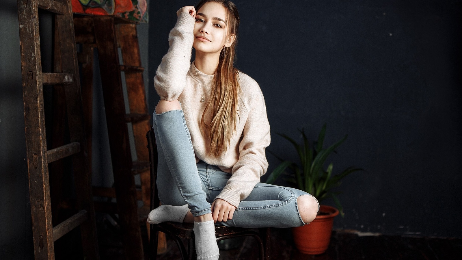 women, anastasia lis, jeans, necklace, smiling, socks, torn jeans, ladders, long hair, portrait