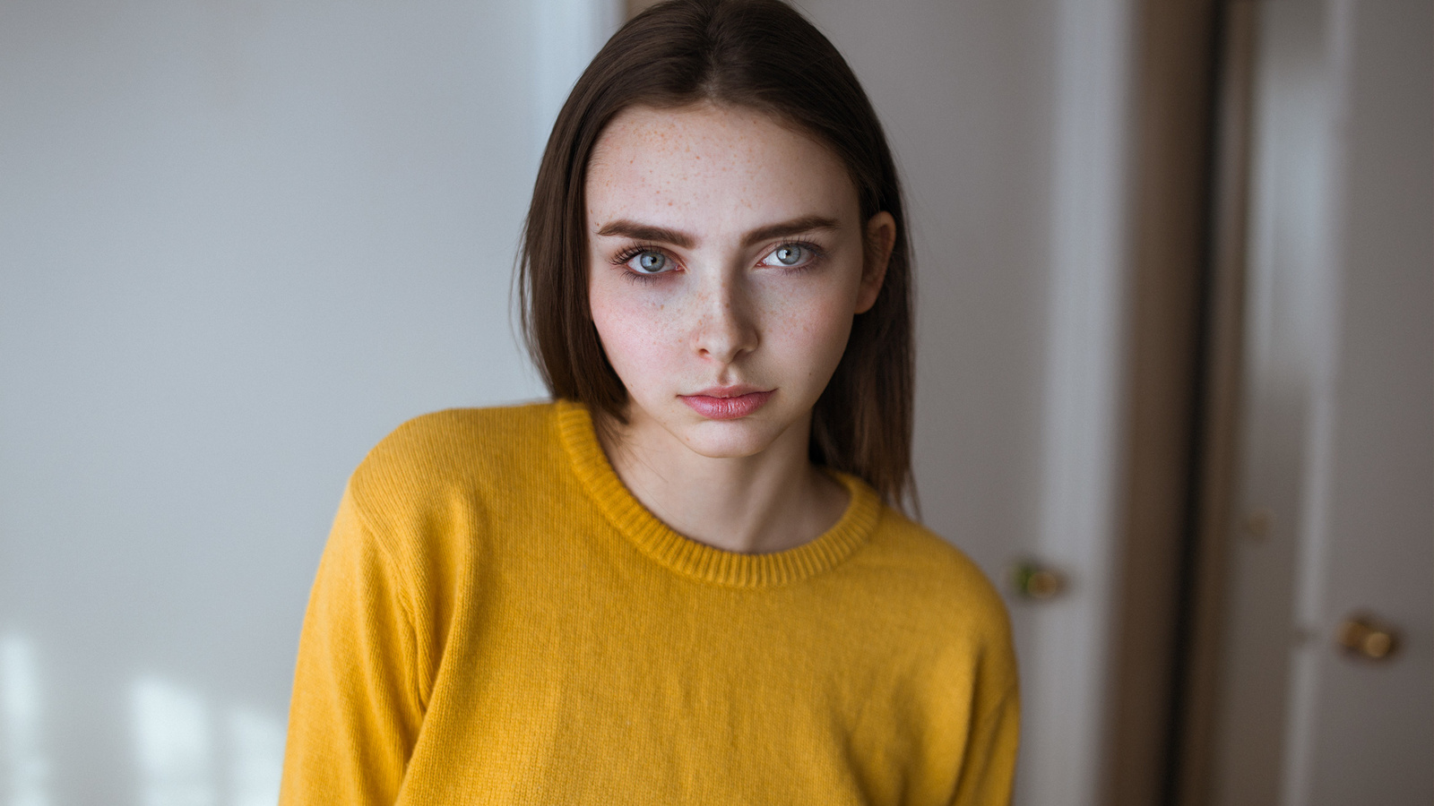 women, face, portrait, freckles, yellow clothing