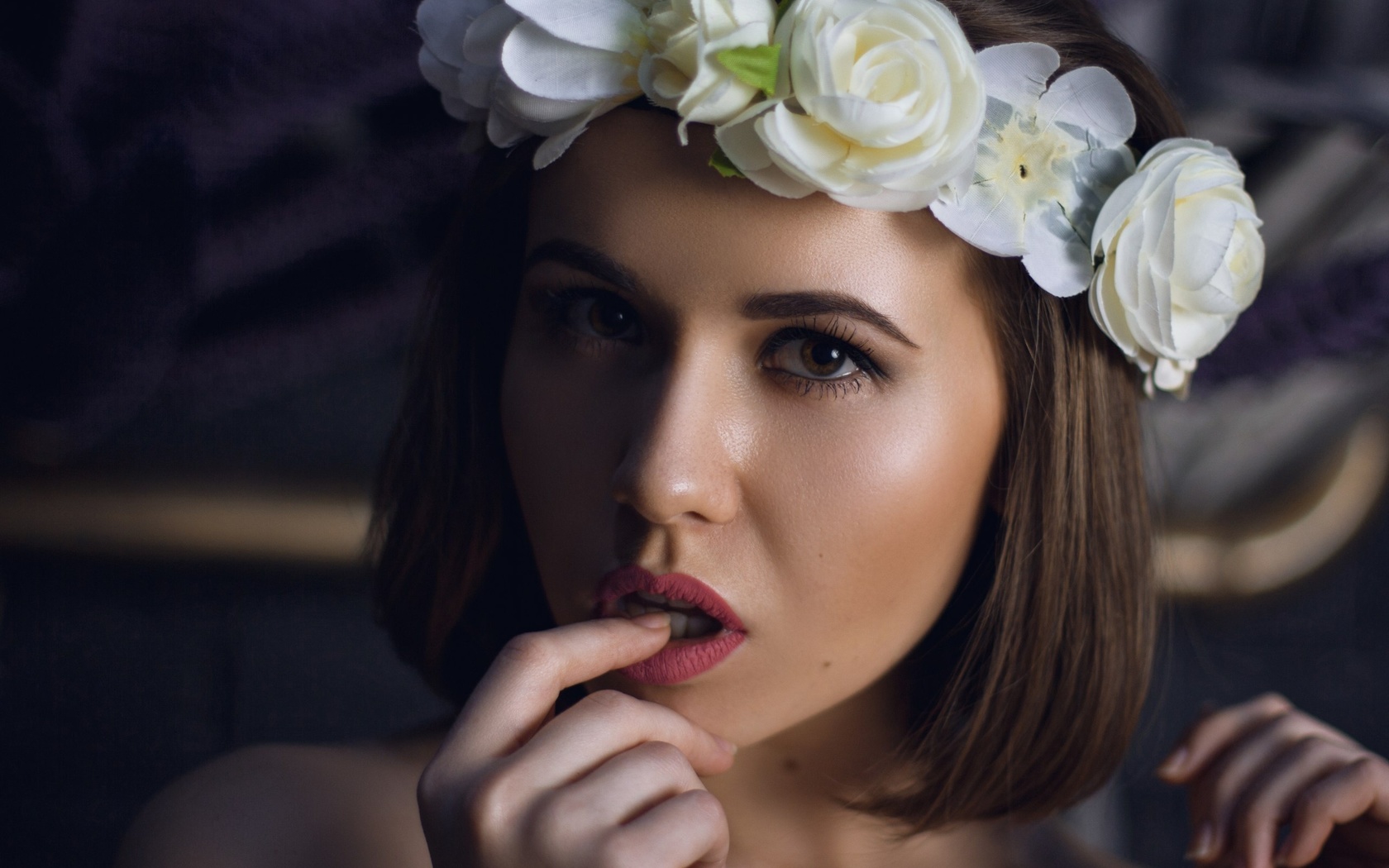 women, crown, flowers, face, portrait, bricks, finger on lips