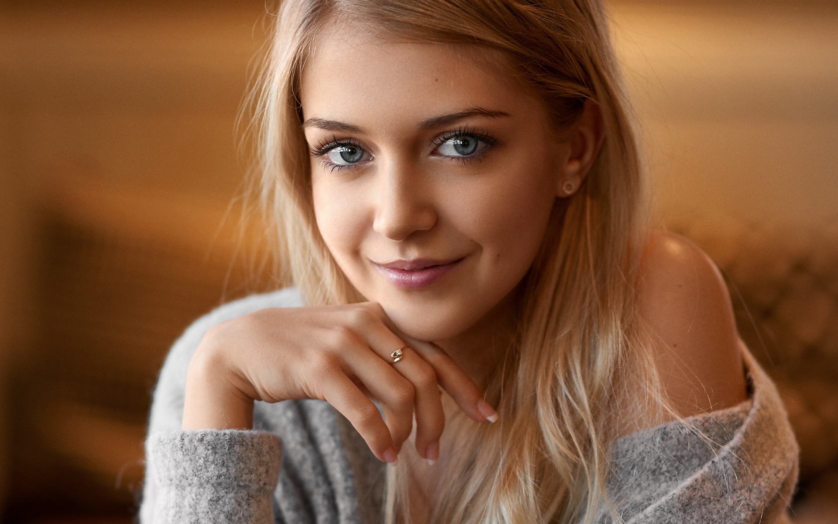 women, blonde, smiling, face, portrait, depth of field, gray eyes